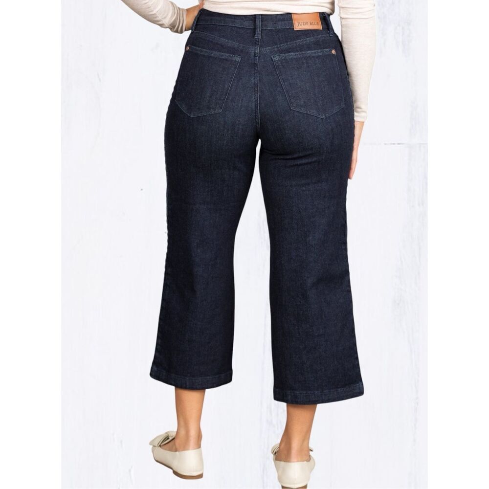 Judy Blue Braided Side Seam Cropped Wide Leg Jeans Dark Wash Stretch Denim NWT - Picture 6 of 16